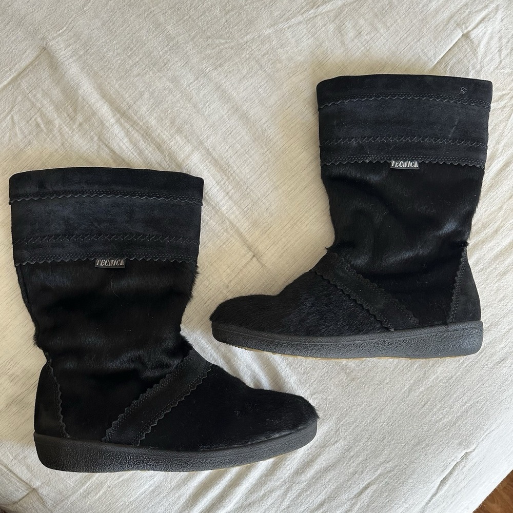 Tecnica Womens Cortina Fur Boots Size 40 Black Apres Ski Italy Fur Midcalf VTG